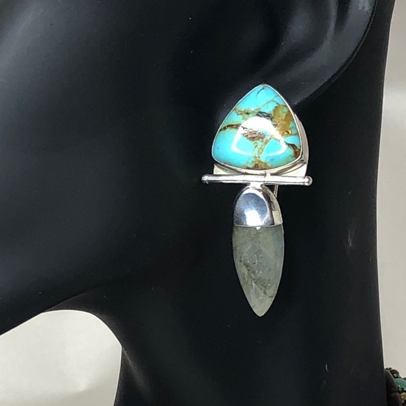 VINTAGE Sterling Silver Turquoise Labradorite Omega Back Earrings - Picture 15 of 15